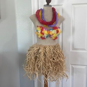 Vintage Hawaiian luau grass hula skirt costume floral bikini top leis girls 5 pc